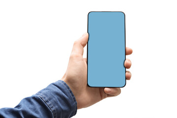 Male hand holding a smartphone with blue screen