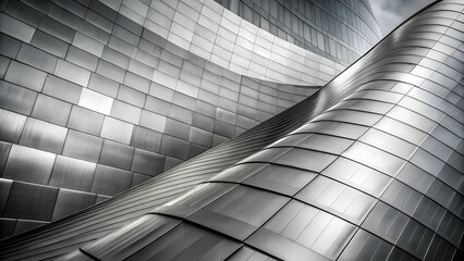 Abstract metallic architecture with smooth, curved surfaces and a shiny, reflective finish.