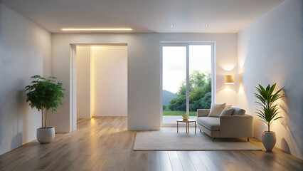 Obraz premium A modern, minimalist living room featuring a sofa, plants, and large windows with natural light streaming in.