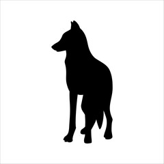 Isolated black silhouette of standing wolf on white background. Black flat cartoon wolf. Front view.