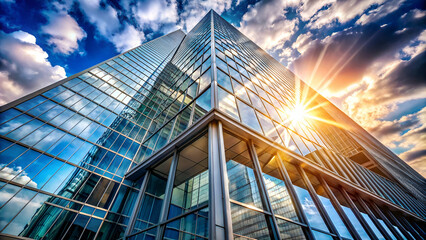 A modern glass skyscraper reflects sunlight under a dramatic sky, showcasing architectural elegance and urban sophistication.