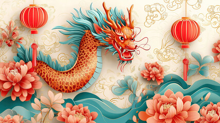 Celebrate Year of the Dragon 2024 with paper cut style and festive Chinese New Year elements