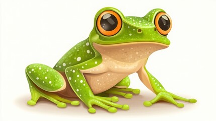 Obraz premium Cute cartoon green frog with big orange eyes sitting on white background.