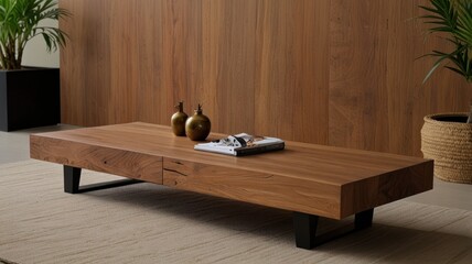 Modern wooden coffee table with two drawers on a rug.