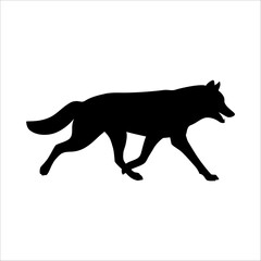 Isolated black silhouette of running wolf on white background. Black flat cartoon wolf. Side view.