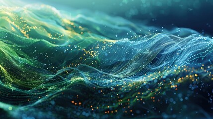 Abstract visualization of big data flowing like ocean waves with glowing particles and dynamic lines, representing the vastness and complexity of information in digital cyberspace