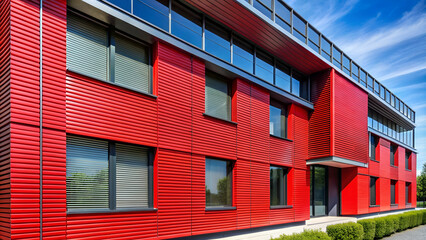 Modern red building with large windows, sleek design, and a contemporary aesthetic under a clear blue sky.