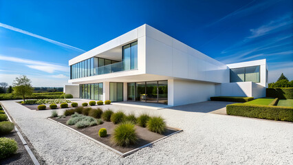 Modern architectural design with large glass windows, surrounded by landscaped gardens and a clear blue sky.