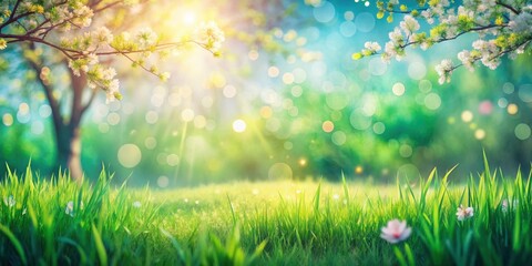 Obraz premium A lush green meadow with blooming flowers in a springtime forest, bathed in the soft light of the setting sun.