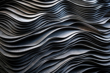 Textured layers of dark material create a flowing pattern, resembling waves or folds, with a focus on depth and contrast.