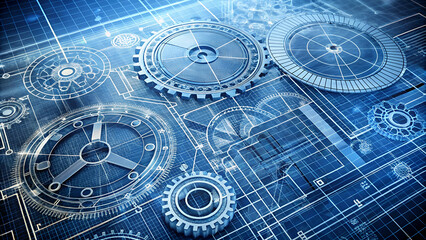 Fototapeta premium Digital illustration of interconnected gears and technical schematics, symbolizing engineering and innovation in a modern technology context.