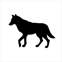 Isolated black silhouette of standing wolf on white background. Black flat cartoon wolf. Side view.