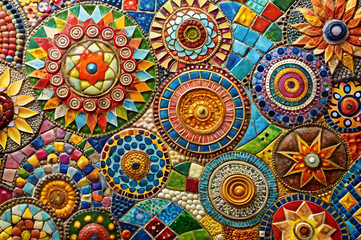 Colorful mosaic patterns featuring intricate circular designs and vibrant hues create an artistic and lively visual composition.