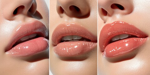 Comparison of lip styles showcasing various shades and finishes on a model