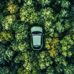 aerial view of a car surrounded by lush greenery