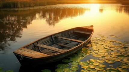 Obraz premium old wooden rowboat surrounded by lily pads on a serene lake