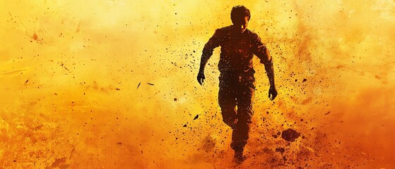 Cinematic movie poster style silhouette with dynamic human movement, dramatic pose capturing intense emotional narrative