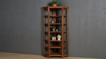 Obraz premium Corner shelving unit with multiple shelves, ideal for displaying decorative items.