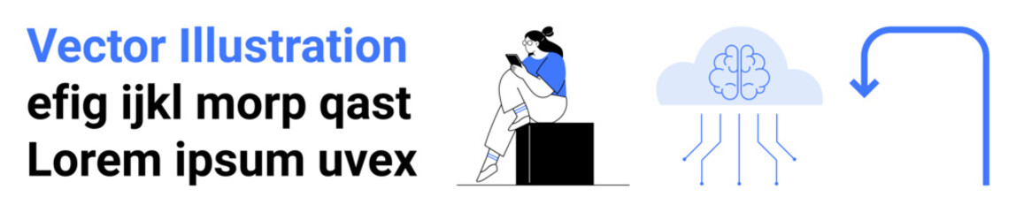 Woman sitting on cube using smartphone, cloud computing icon with neural network, right-curved arrow indicating data transfer. Ideal for technology, communication, AI, digital transformation, data