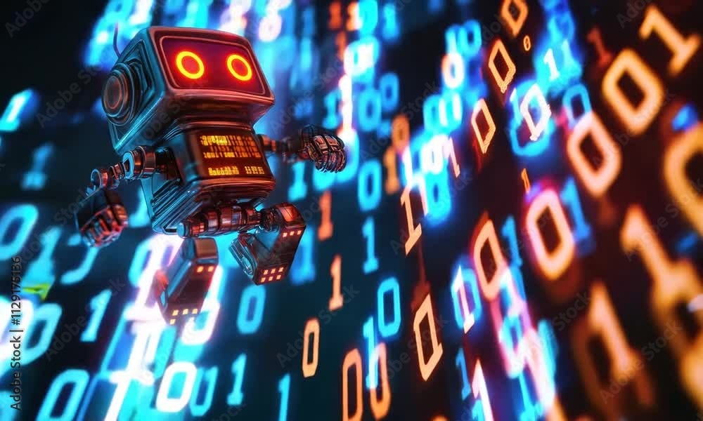 Aufkleber robot jump in digital world on binary code background