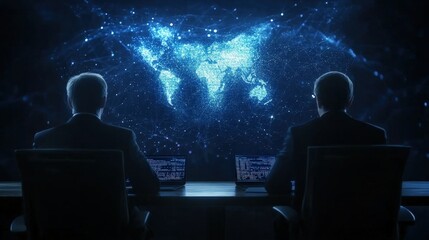 Two figures observe a glowing digital map of the world, surrounded by a starry backdrop, suggesting a futuristic or technological theme.