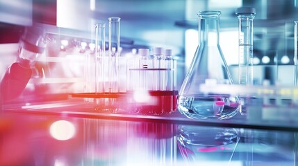 A vibrant laboratory scene featuring glassware, including test tubes and a flask, illuminated with colorful lighting, showcasing a scientific environment.
