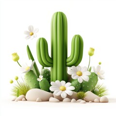 Obraz premium Vibrant Cactus with Flowers and Stones in a Modern Design