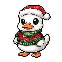 an anime-style cute white duck .dressed in a red and green Christmas sweater with a tiny Santa hat perched slightly askew on its head.