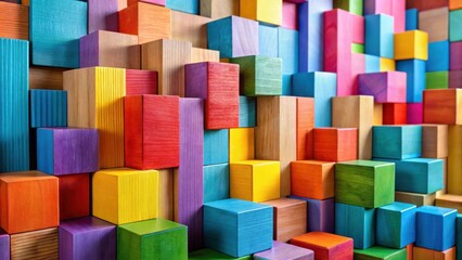 A vibrant and colorful abstract pattern created by stacking wooden blocks of various sizes and colors, forming a geometric design.