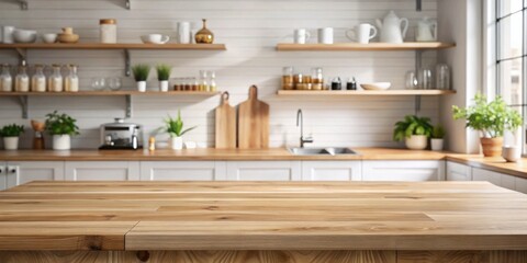 Empty wooden countertop in a modern kitchen with white cabinets and shelves