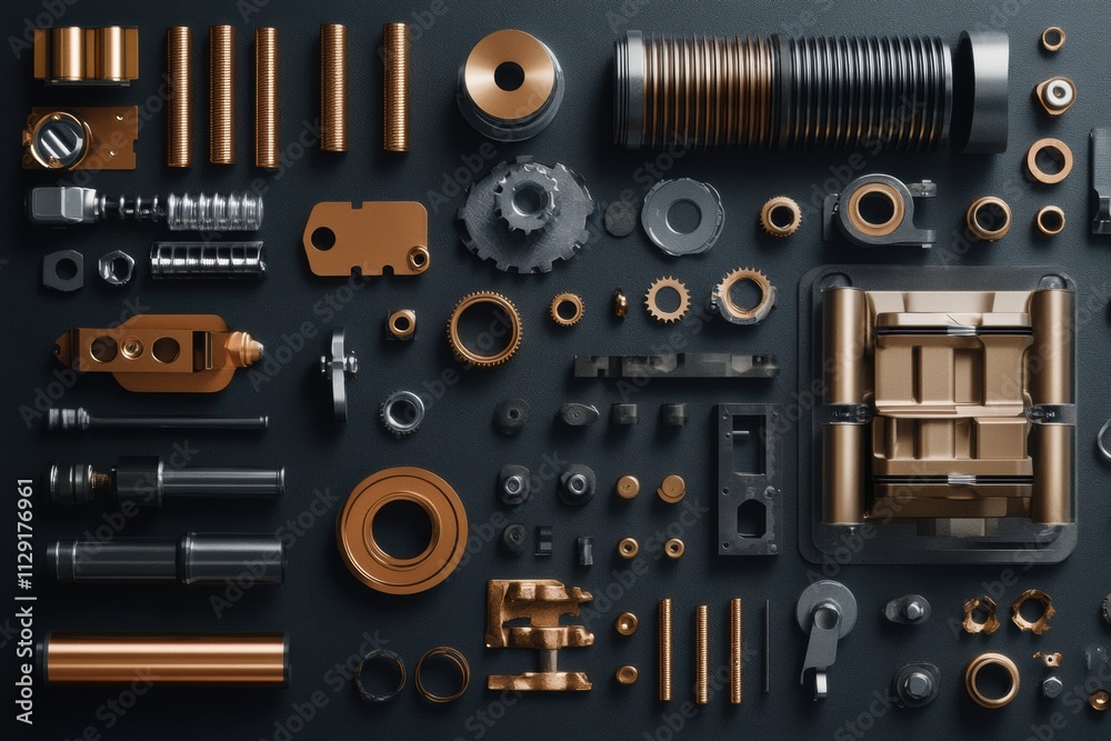 Aufkleber Various car engine components, including pistons, gears, and valves, are arranged on a dark surface, creating a visually appealing layout for design. Generative AI