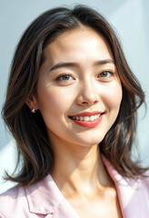 Naklejka premium smiling beautiful young asian woman in casual attire natural lighting positive energy close-up portrait vertical format