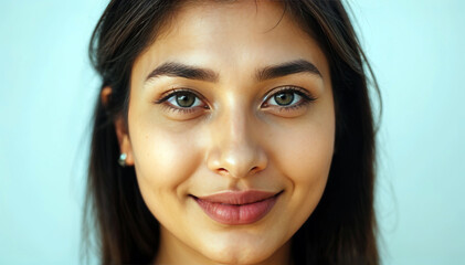 Naklejka premium young indian beautiful natural smiling portrait of young woman casual outfit bright lighting friendly relaxed