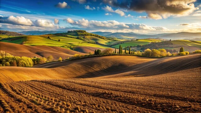 A rolling landscape of vibrant green and golden brown hills, with a scattering of trees and a dramatic sky above.