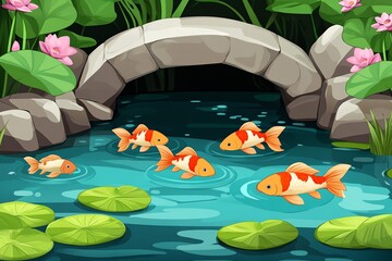 A serene pond scene featuring koi fish swimming under a stone bridge surrounded by greenery.
