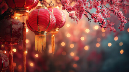 Obraz premium Dragon Zodiac Sign for Chinese New Year 2025 with Floral and Lantern Decorations