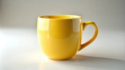 A vibrant yellow ceramic mug with a rounded base and a curved handle, standing alone on a white surface, reflecting the light, highlighting the smooth glaze.