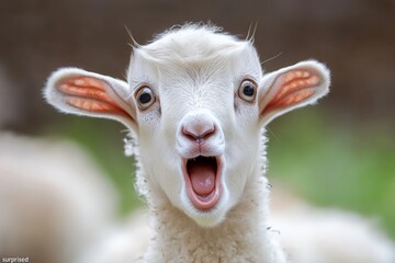 Obraz premium A young goat showcases an astonished look with its mouth wide open. The image captures the essence of surprise through its clear and vibrant features.