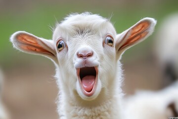 Fototapeta premium A goat is depicted with a notably surprised expression and furrowed eyebrows, showcasing its gentle and fluffy appearance against a simple, muted background.