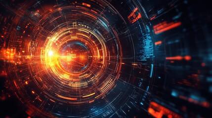 A vibrant, digital abstract image featuring a circular design with glowing elements in orange and blue, evoking a sense of technology and futuristic themes.