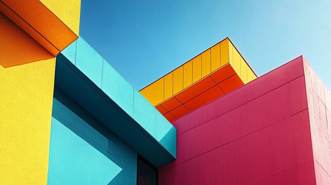 Vibrant geometric architecture with overlapping colorful buildings against a clear blue sky, showcasing modern design and vivid contrasts in urban structures and shadows. - Powered by Adobe