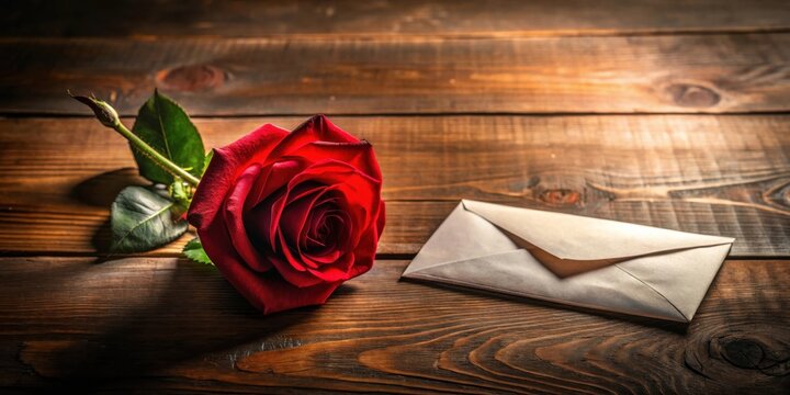 A single red rose rests beside a white envelope on a rustic wooden surface, symbolizing romantic gestures and heartfelt messages.