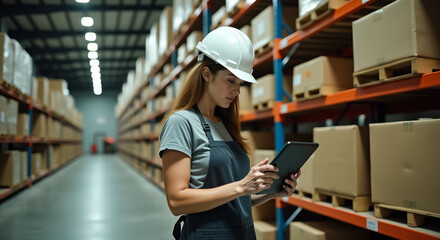 Fototapeta premium Young woman Storekeeper checks goods in stock with tablet in hands