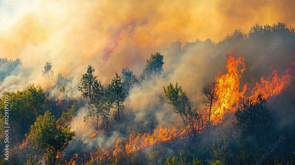 Poster smoke and flames consuming trees in a wildfire.