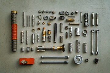 Assorted car parts and tools include bolts, nuts, spark plugs, and wrenches neatly organized on a gray background, providing space for text. Generative AI