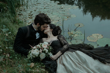 Young, happy Gothic couple in wedding attire, lying on the grass near a pond, kissing and holding a bouquet. The scene is romantic, dreamy, and cinematic. couple kiss with passion, vintage fantasy 