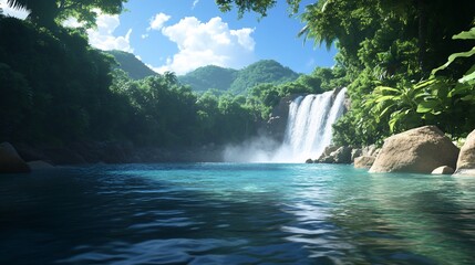 Fototapeta premium Lush tropical waterfall cascading into a tranquil pool, surrounded by dense jungle foliage and mountains. Sunny day.
