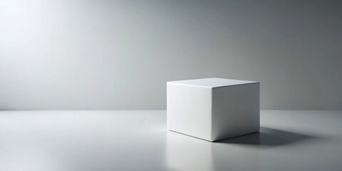A simple white cube positioned on a white surface, illuminated by a soft, diffused light source, creating a clean and minimalist scene.