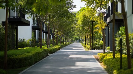 peaceful pathway lined with trees and modern architecture