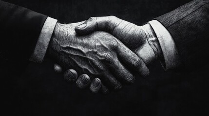 A detailed black-and-white illustration capturing the essence of trust and partnership through the depiction of two hands shaking against a dark background.